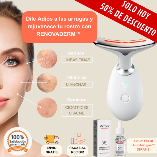 Masajeador Facial RENOVADERM™ con terapia de luz para rostro y cuello.